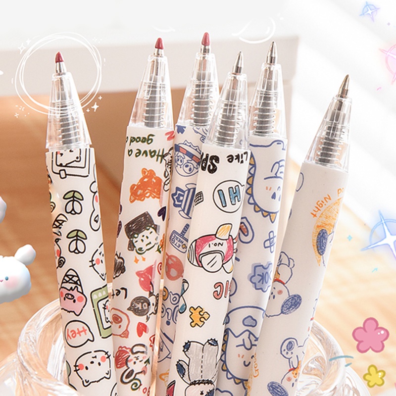 Set 6 Bút Bi Mực Đen Ngòi 0.5mm Có Thể Thu Gọn Hình Động Vật Đáng Yêu