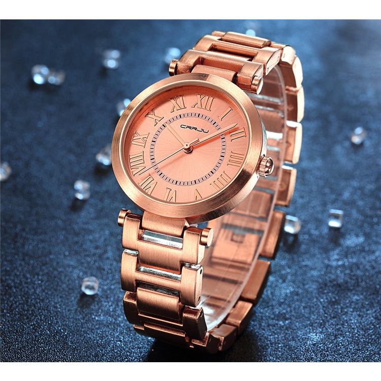 Đồng Hồ Quartz CRRJU Chất Liệu Thép Không Gỉ Mạ Vàng 2123