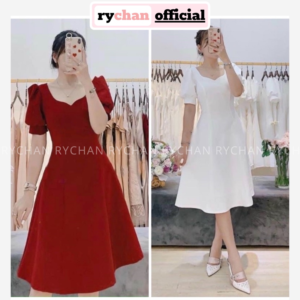 Đầm Dự Tiệc Sang Chảnh Dáng Dài Cổ V Tay Ngắn Phồng Tôn Dáng Màu Đỏ Trắng - DX9937