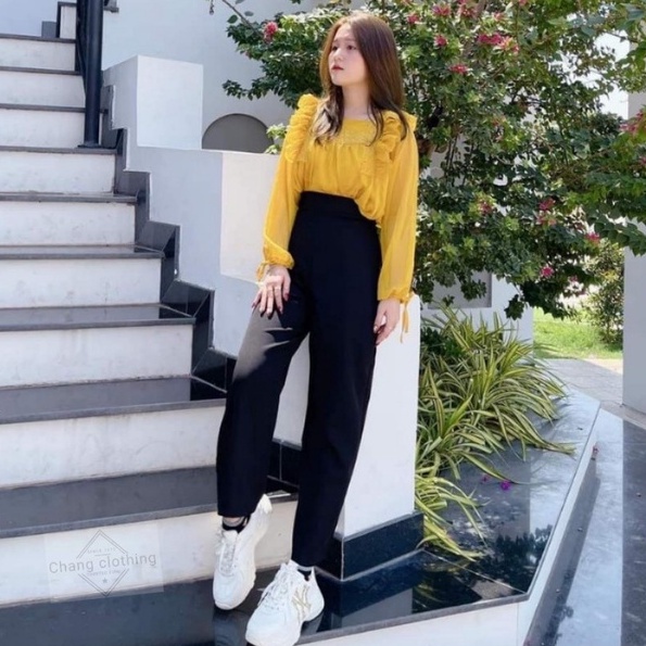 Quần tây ống rộng đi học khóa sườn nữ cạp lưng cao kiểu dáng Quần vải ống rộng nữ suông dài dày đen đi học sinh công sở
