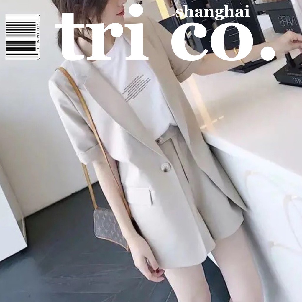 Bộ áo khoác tay ngắn + quần short ống rộng thời trang hàn quốc  dành cho nữ