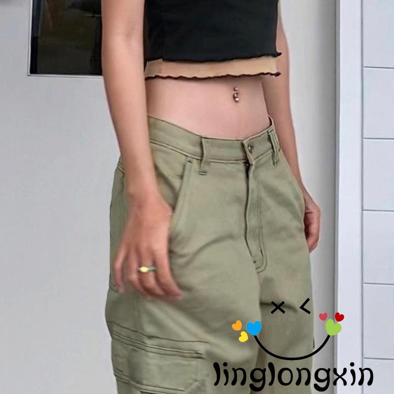 Quần jean dài lưng cao vừa ống rộng nhiều túi màu sắc thời trang cho nữ，quần jean nữ