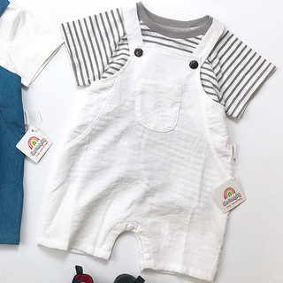 Cocandy Official Store Yếm quần chất liệu đũi màu trắng, áo thun kẻ cho bé
