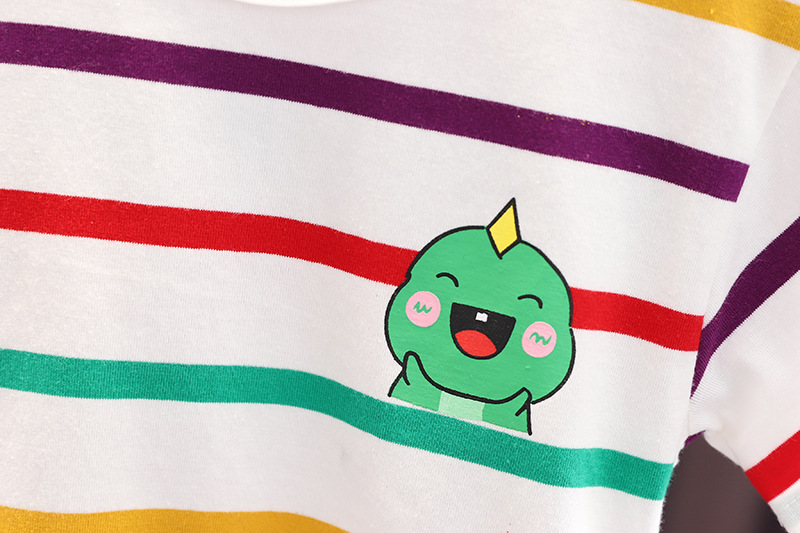0-5 years old children's striped short-sleeved T-shirt + pocket shorts bib set 2-piece set of cute little dinosaur graphics
