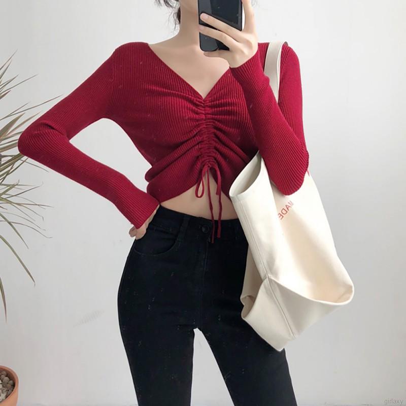 Áo Sweater Nữ Tay Dài Cổ Chữ V Màu Trơn Phong Cách Hàn Quốc | BigBuy360 - bigbuy360.vn