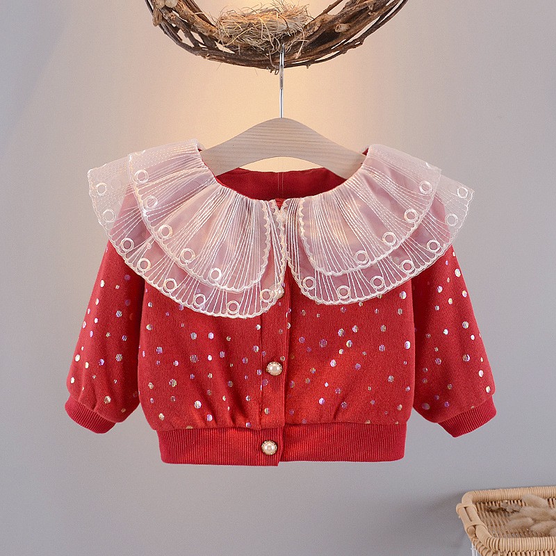 Áo khoác bé gái size 6-16kg họa tiết chấm bi phối cổ ren điệu đà  AK25
