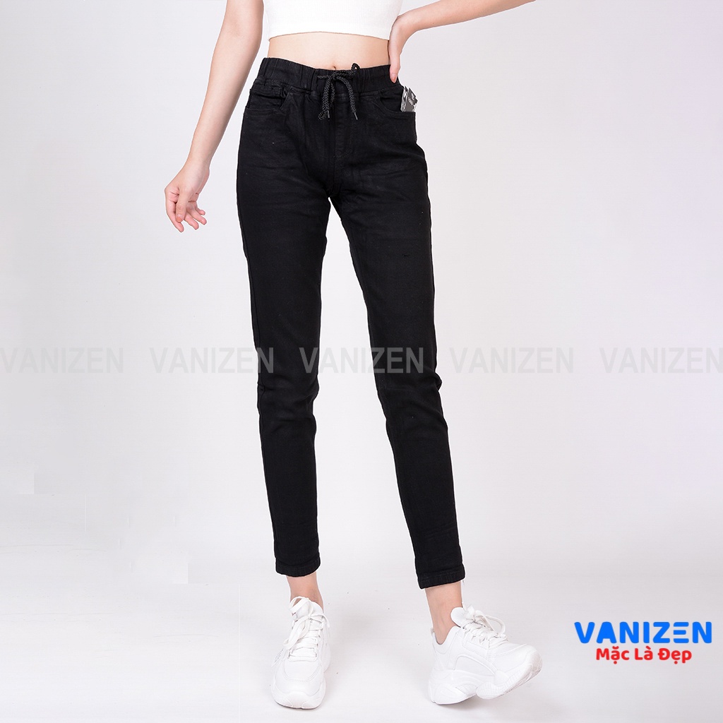 Quần jean nữ ống rộng baggy đẹp lưng cao cạp chun màu đen trắng trơn hàng hiệu cao cấp mã 339 VANIZEN