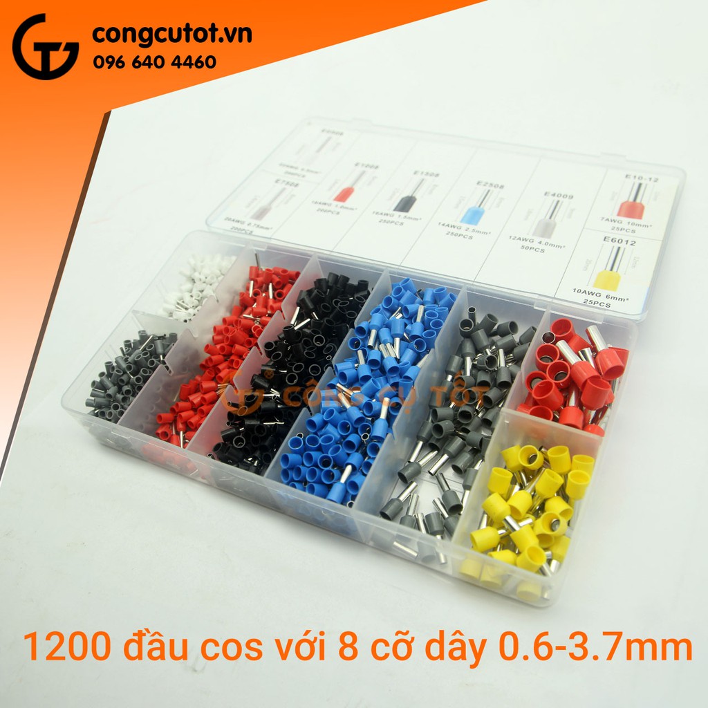 Hộp 1200 đầu cos pin đấu tủ điện 8 cỡ dây từ Φ 0.6-3.7mm
