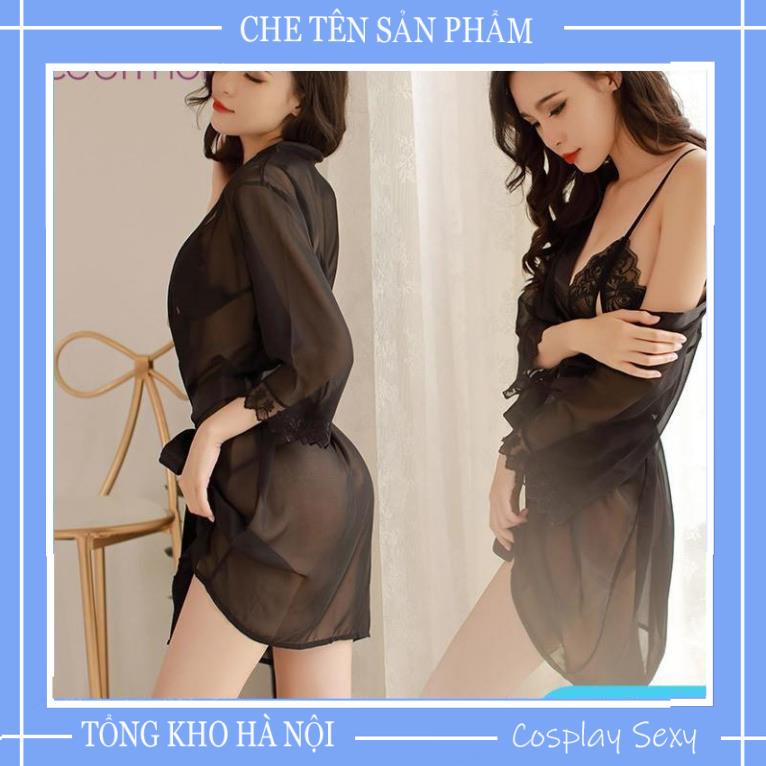 Áo Choàng Ngủ Kèm Set Bikini Cao Cấp, Set Đồ Ngủ Sexy Xuyên Thấu Gồm Áo Choàng + ĐỒ Lót Mã ACBI001, Màu đen,trắng TKVN | BigBuy360 - bigbuy360.vn
