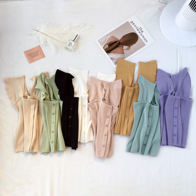 Xiaozhainv Áo dệt kim nữ tay bèo cổ vuông thiết kế một hàng nút trước