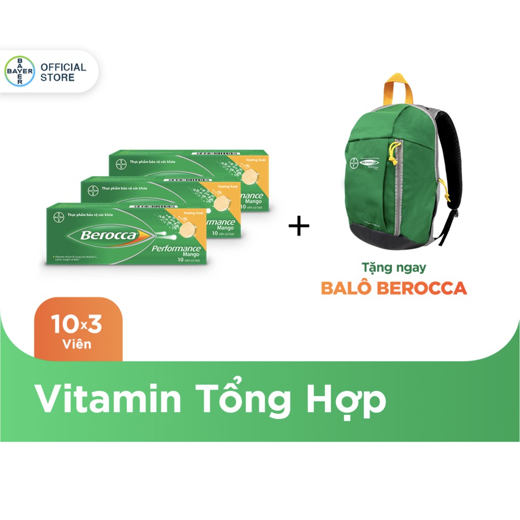 [Mã COSBAYER5 -10% đơn 199K] Bộ 3 hộp viên sủi bổ sung Vitamin Berocca Performance Mango 10 Viên/hộp - Tặng 1 balo