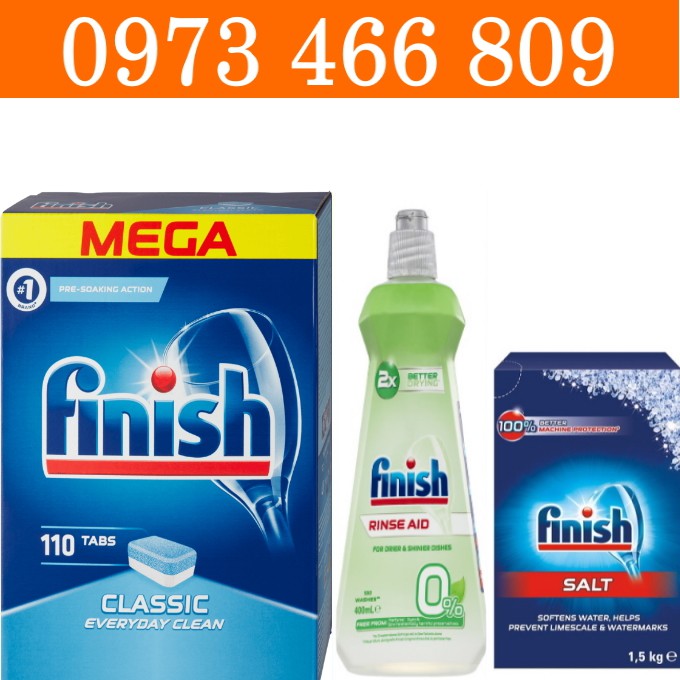 Combo Nước làm bóng hữu cơ Finish Eco 0% + 110 Viên rửa bát Finish classic + Muối rửa bát Finish 1.5kg