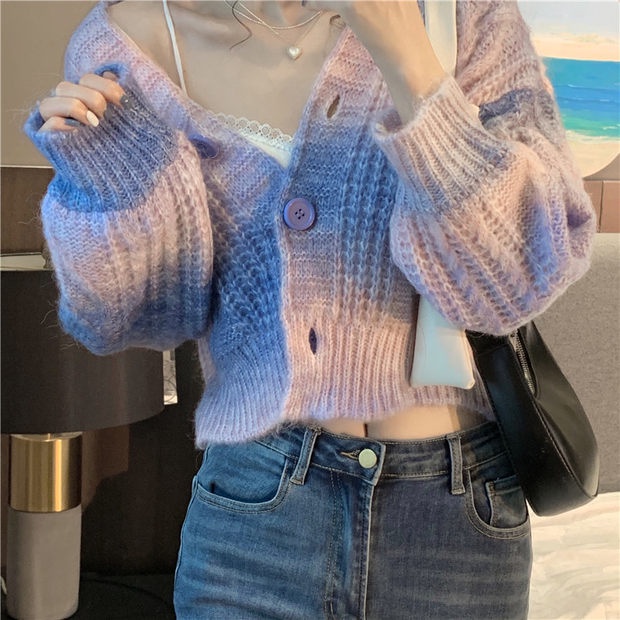 Áo cardigan ZHELIHANGFEI dệt kim tay dài cổ chữ V màu sắc gradient trẻ trung gợi cảm