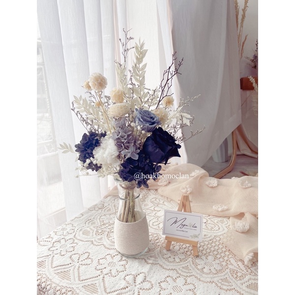 Set hoa khô kèm bình thuỷ tinh nhiều tông màu khách chọn, trang trí phòng khách, decor phòng ngủ vintage
