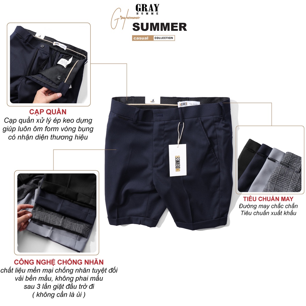 Quần short âu kẻ sọc GRAYHOMME vải cotton co giãn nhẹ kiểu dáng âu ngắn mẫu New