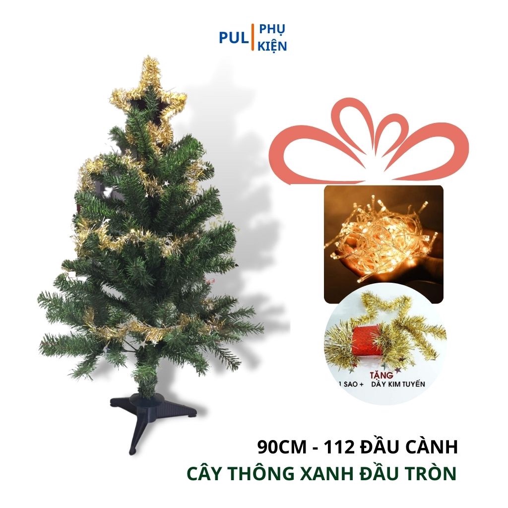 Cây thông noel mini để bàn 90cm kèm ngôi sao đỉnh dây kim tuyến và dây đèn led trang trí cây thông giáng sinh 0.9m