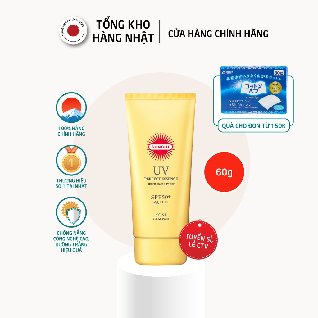 Chống Nắng Kose, Tinh Chất Chống Nắng Kose Suncut Perfect UV Protect Essence Super Water proof SPF 50+ PA++++ 60g