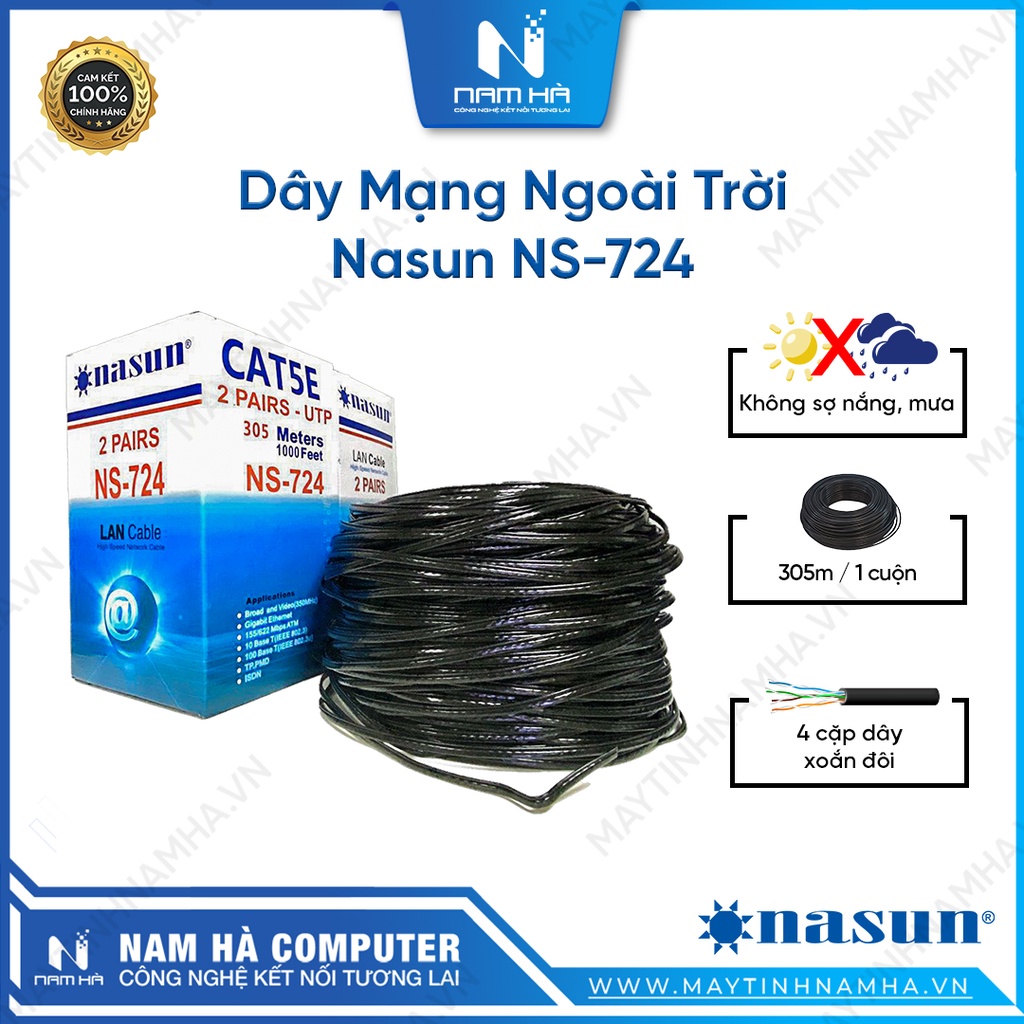 Dây mạng lan ngoài trời 4 lõi có dây cường lực Nasun NS-724 cuộn 305M chất liệu vỏ dày dặn, dùng ngoài trời bền tốt