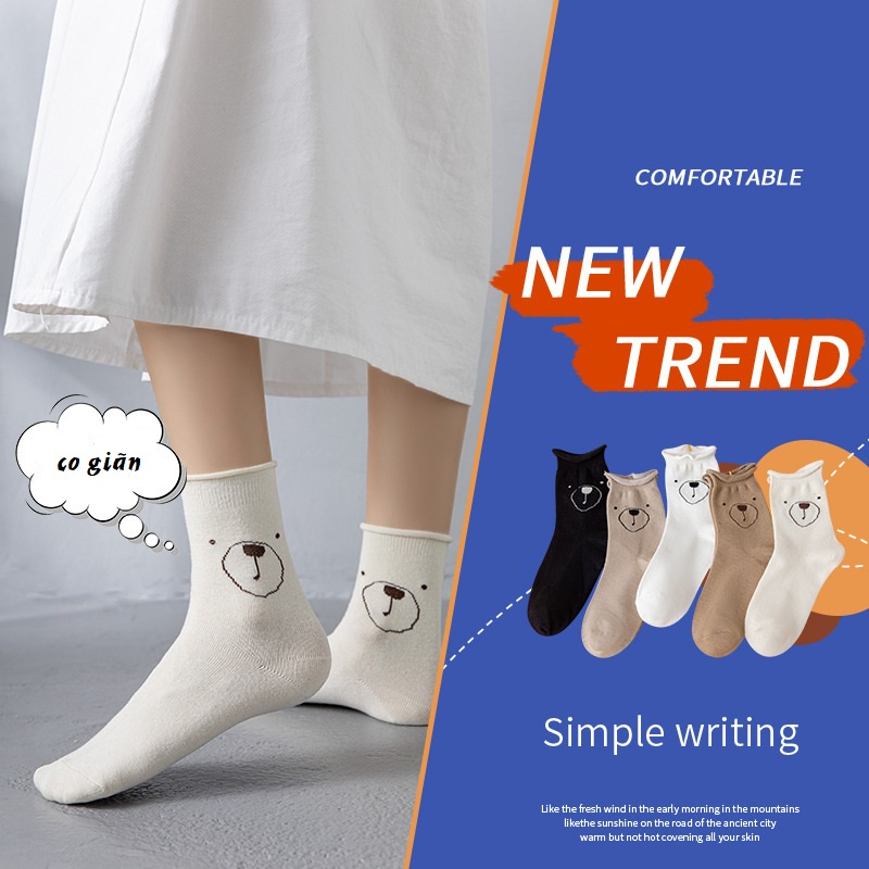 Tất nữ vỡ nữ cao cổ đa dạng set 5 đôi họa tiết mặt gấu phong cách trẻ trung năng động dễ thương