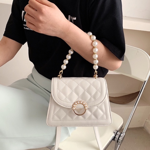 Túi xách nữ đeo chéo phối ngọc sang chảnh đi chơi trần trám cao cấp HH 388