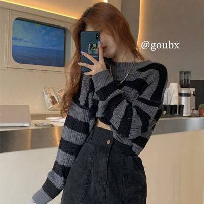 Áo Sweater Dệt Kim Dáng Ngắn Kẻ Sọc Kiểu Retro Phương Tây Thời Trang Xuân Thu Cá Tính