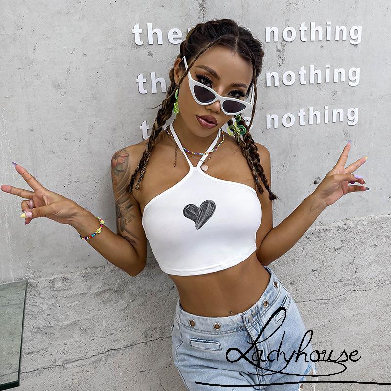 LDD-Women Fashion Tank Tops Heart Print Tie-Up Halter Vest Summer Casual Backless Exposed Navel Crop Tops
