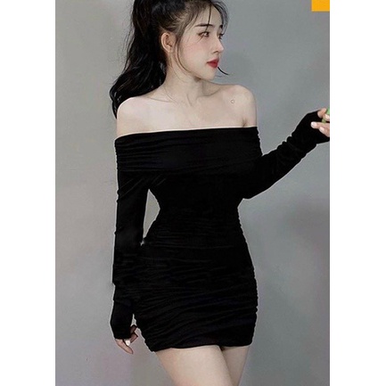 Đầm Body Nữ Dáng Ngắn Bẹt Vai Tay Dài Nhún Sườn