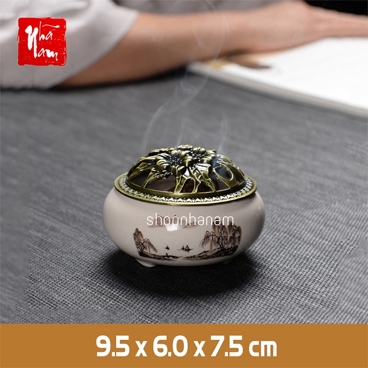 Lư xông trầm hương đỉnh đốt nhang gốm sứ nhiều họa tiết