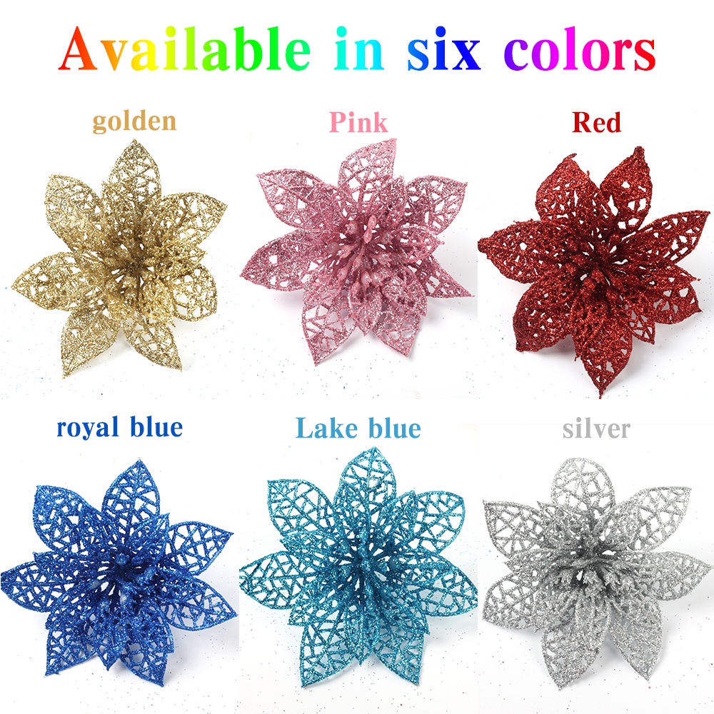 Set 5 bông hoa giả 7cm nhiều màu sắc lấp lánh dùng trang trí cây thông giáng sinh