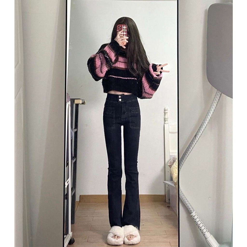 NUZIRO  Áo croptop  tay dài cổ tròn kẻ sọc đen trắng phong cách Hàn Quốc cho nữ