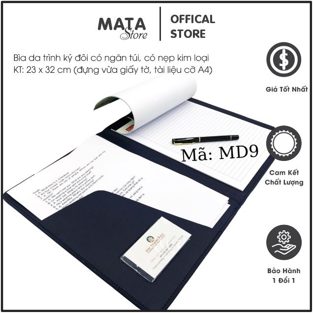 Bìa da trình ký đôi A4 MD9 có ngăn namecard, có nẹp kim loại dùng đựng giấy tờ tài liệu hồ sơ MataStore
