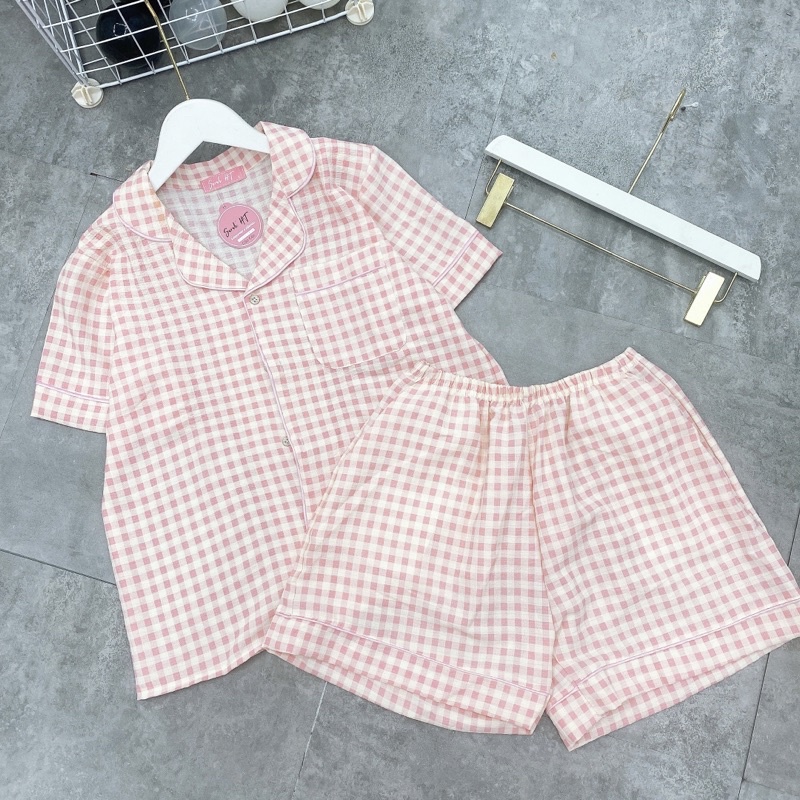 Bộ pijama áo cộc quần đùi hoạ tiết kẻ ô, Đồ mặc nhà nữ kẻ xinh