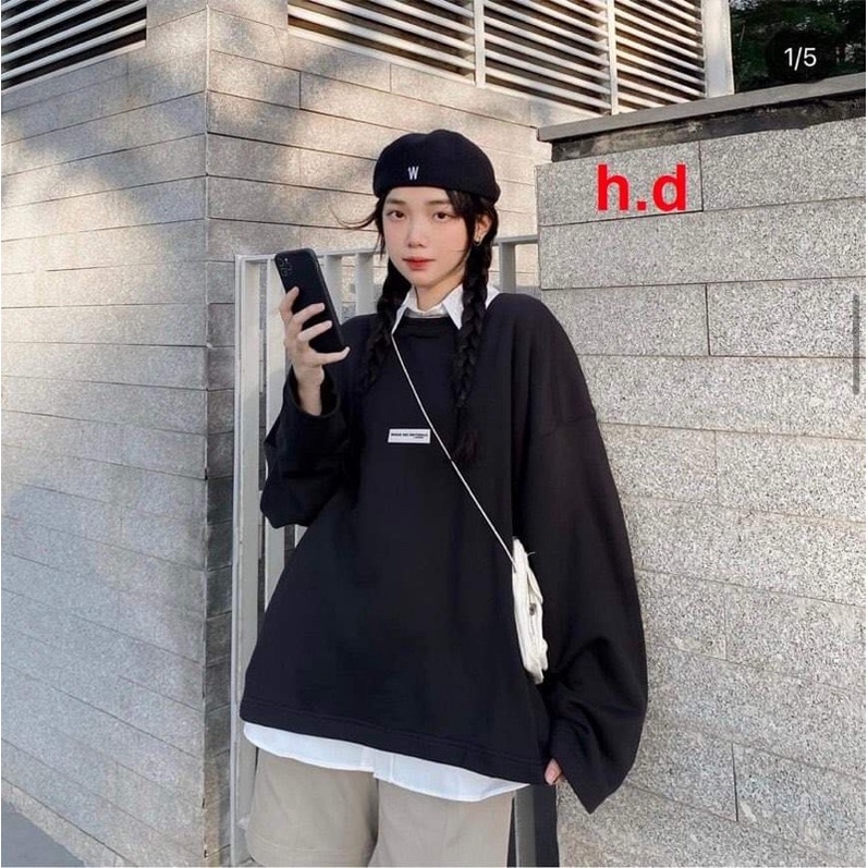 Set Áo Sweater cổ tròn dài tay Logo Mix Áo sơ mi, thun hoodie form rộng UlzzangChất nỉ cotton đẹp Không Bai xù