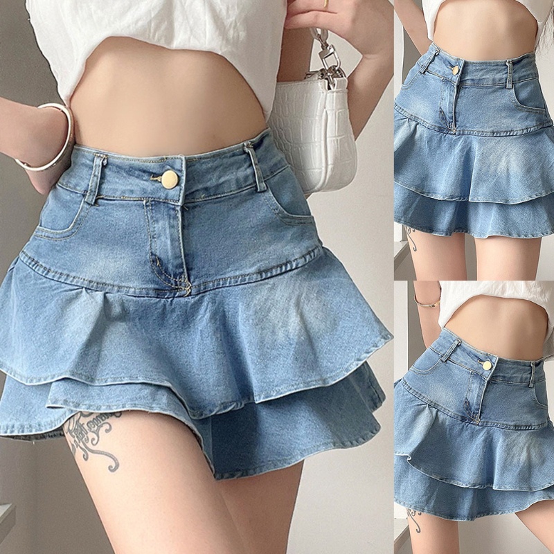 Chân váy jean denim lưng cao giặt sờn dáng chữ A mini xếp tầng nhún bèo ôm dáng vừa vặn phong cách vintage dành cho nữ