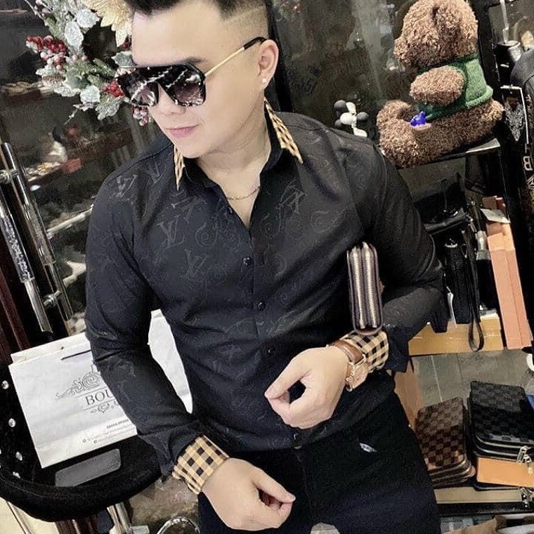 Áo sơ mi nam lụa đen in chìm viền tay mềm mại thoải mái, Sơ mi cao cấp moonshop992 KV025