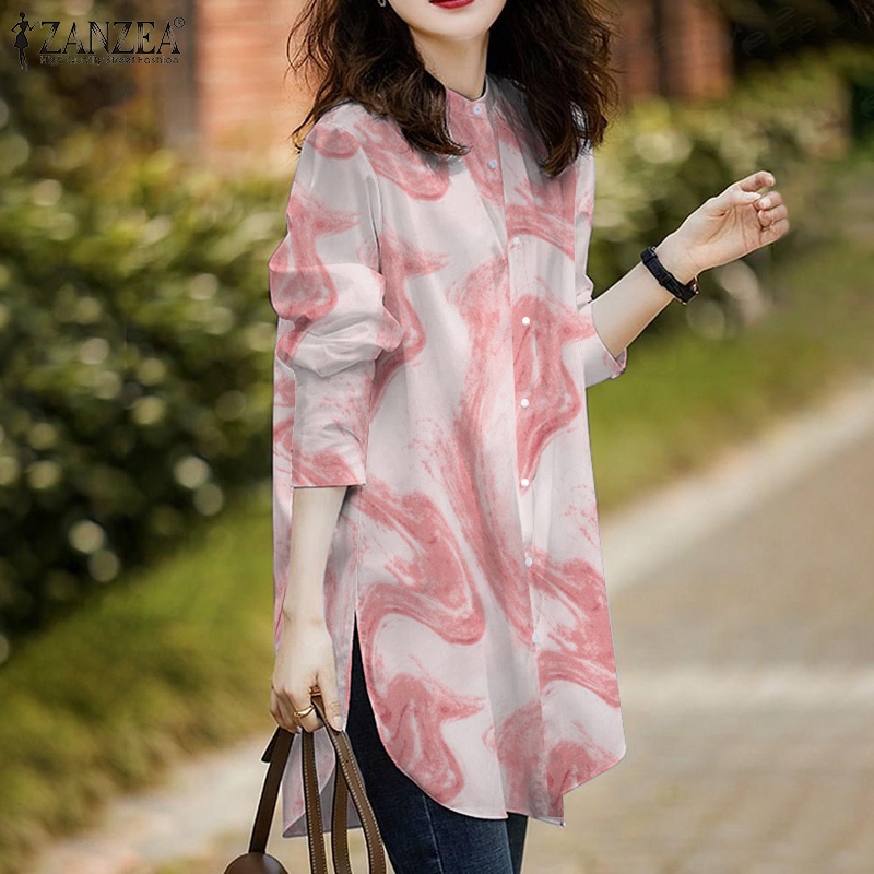 Áo kiểu ZANZEA dài tay cổ tròn xẻ tà phối nút thời trang cho nữ