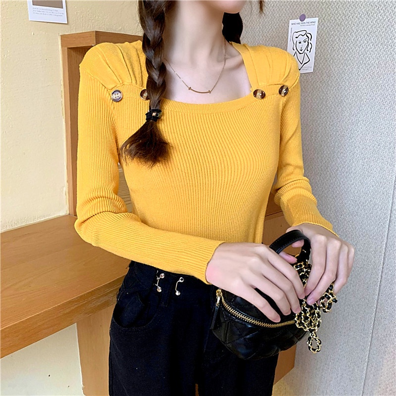 SUXI Áo Dệt Kim Tay Dài Cổ Vuông Màu Trơn Thời Trang Mùa Thu Phong Cách Hàn Quốc Cho Nữ