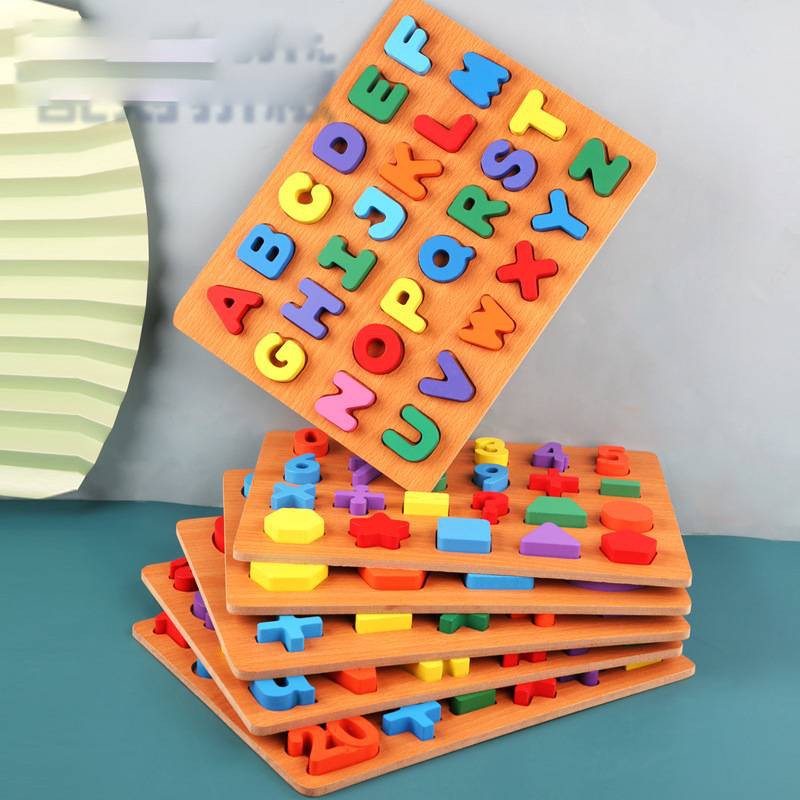 Bảng ghép nối hình chữ nhật chữ cái, số, hình khối bằng gỗ cho bé từ 4-6 tuổi, đồ chơi gỗ thông mình cho bé