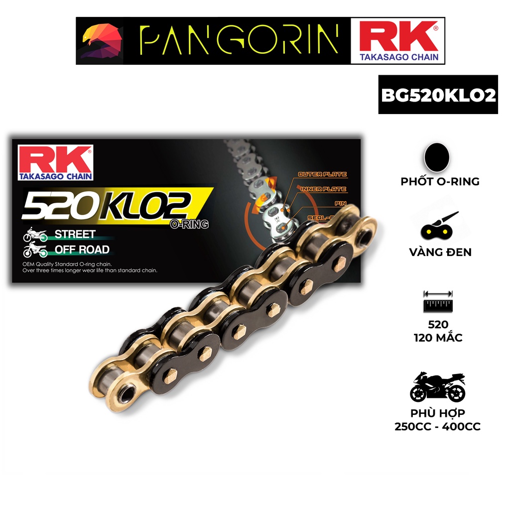 Sên xe phân khối lớn RK Takasago Chain mã BG-520-KLO2, màu vàng đen, phốt cao su O-ring, kích thước 520, 120 mắc sên