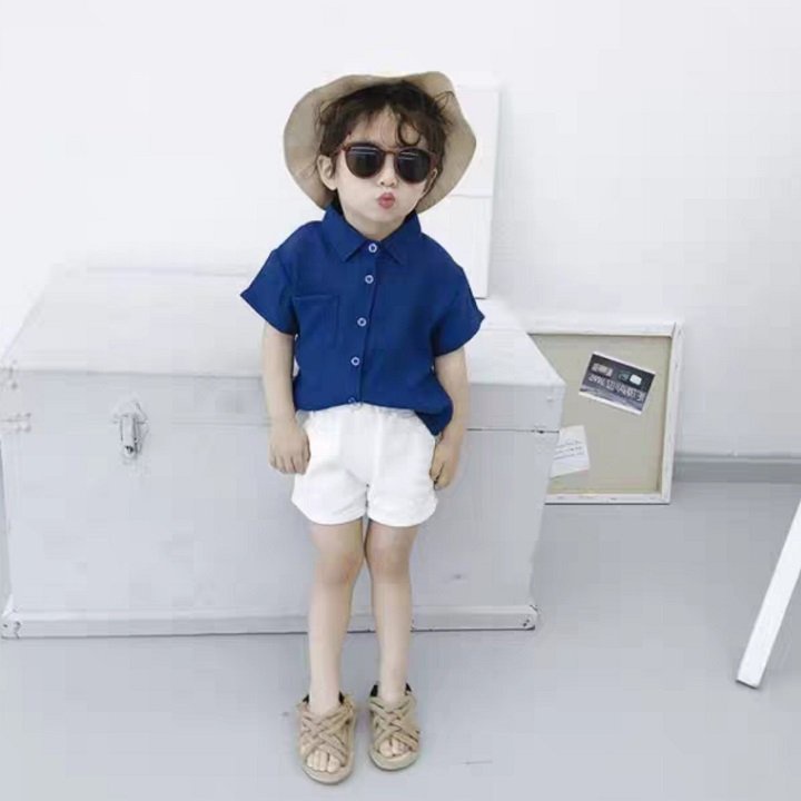 Áo sơ mi cộc tay cho bé trai in hình gấu từ 8-20kg