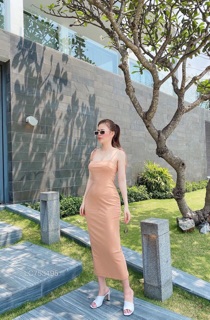 Đầm body trơn 2 dây cột nơ