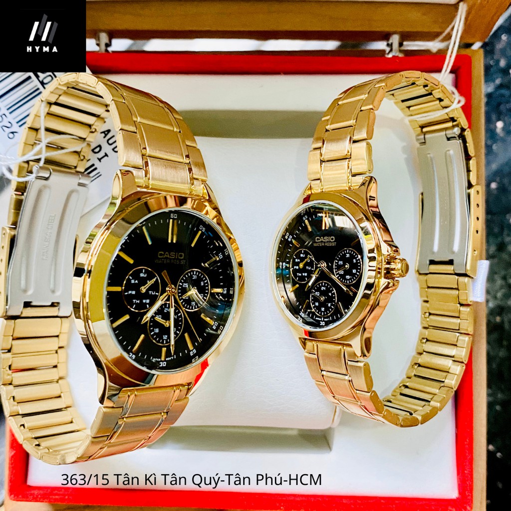 Đồng hồ nam nữ - Đồng hồ đôi mạ vàng Casio V300G-1A mặt đen chống nước Bảo hành 1 năm Hyma watch