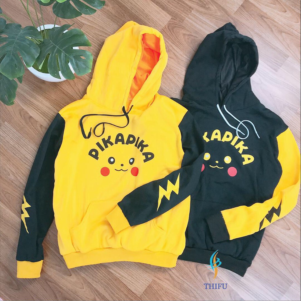 &lt; FREESHIP &gt; Áo hoodie vải nỉ, sweat hàn nam nữ vải dày dặn NÓN HAI LỚP (PIKACHU PHỐI VÀNG ĐEN)