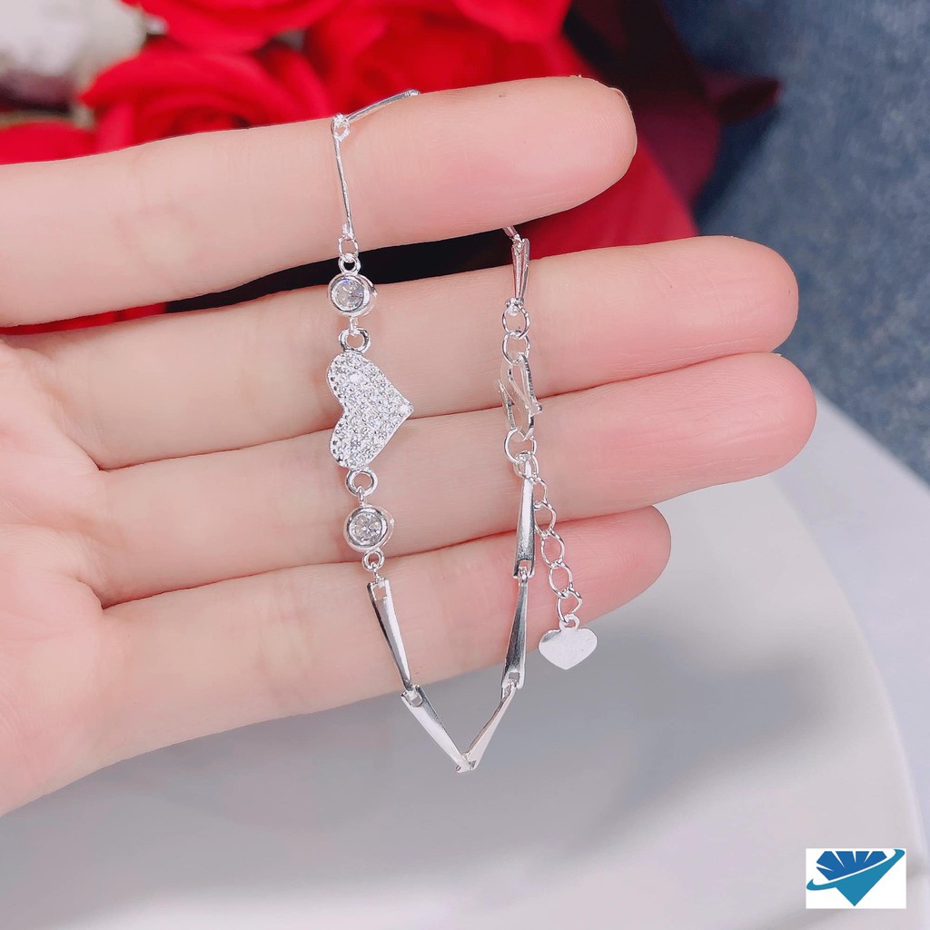 Lắc tay nữ bạc ta hình trái tim gắn đá nhỏ có dây phụ điều chỉnh - lắc tay bạc bibi