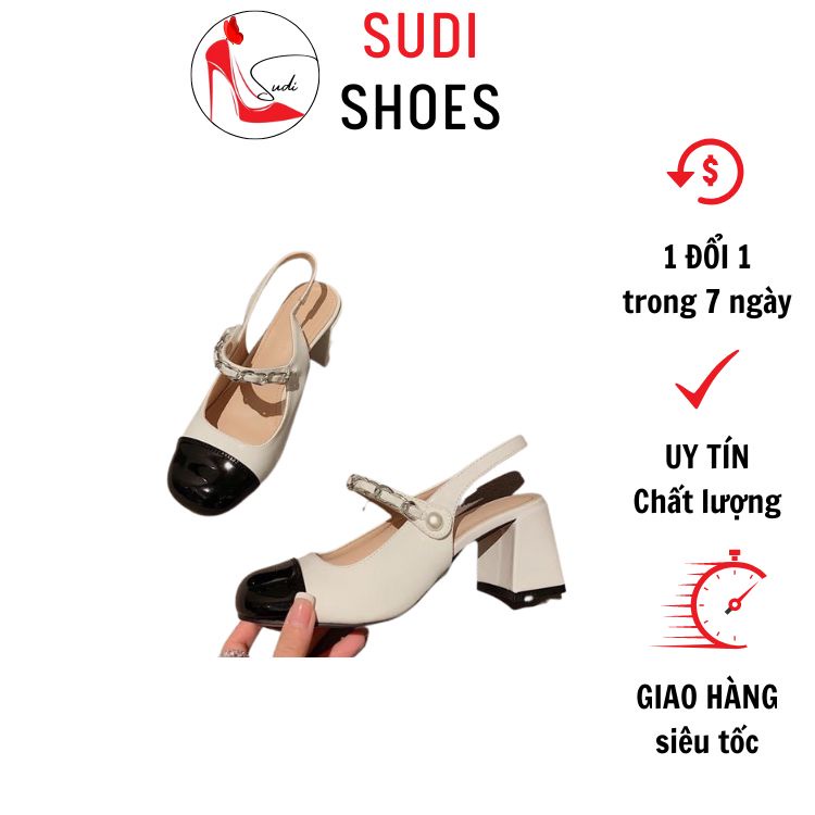 Giày hở gót quai xích gót cao SUDI SHOES 9247 7p đi làm đi chơi phối màu đen trắng, quai dán xích ngọc HOT TREND 2022