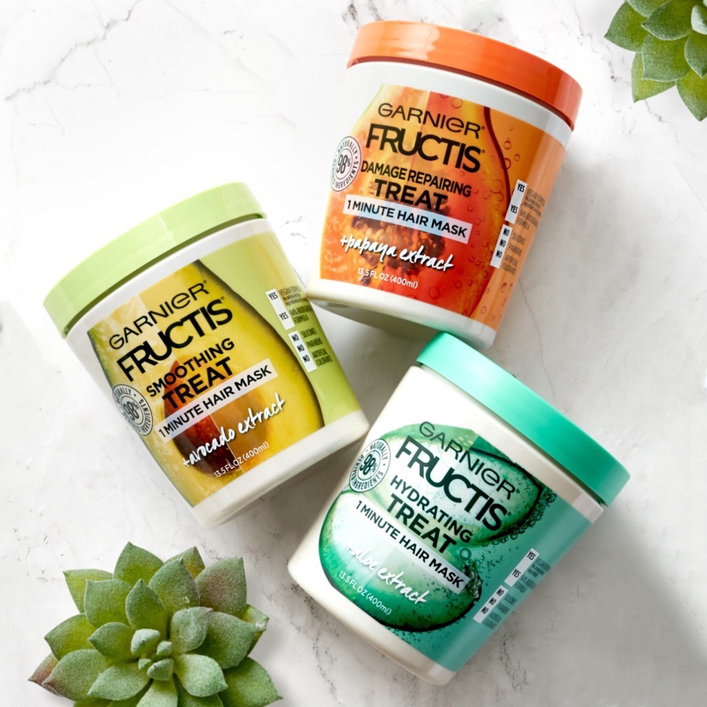 Kem ủ, xả và dưỡng tóc đa công dụng Mặt nạ tóc 1 phút Garnier Fructis one minute Hair Mask 400ml Bơ Đu đủ Dưa hấu của Mỹ