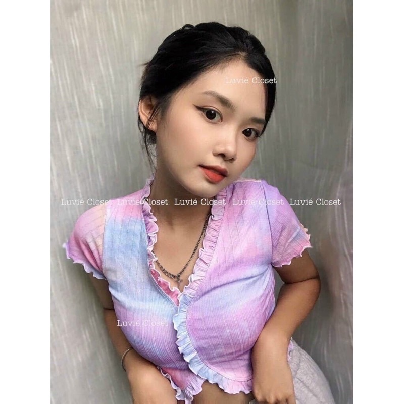 Áo croptop loang màu viền bèo chất thun gân - A0N