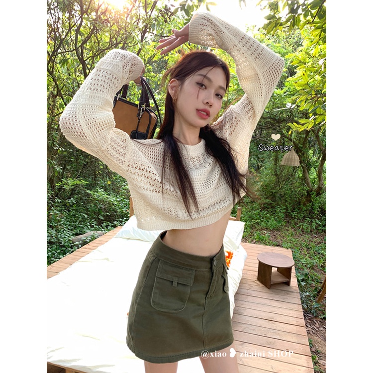QKOOLE Áo croptop  dệt kim tay dài cổ tròn phong cách cổ điển Hàn Quốc cho nữ