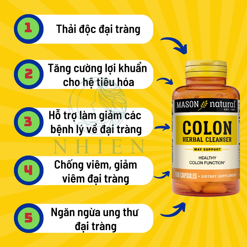 Viên uống thải độc đại tràng, hỗ trợ chức năng đại tràng Colon Herbal Cleanser Mason Natural 100 viên
