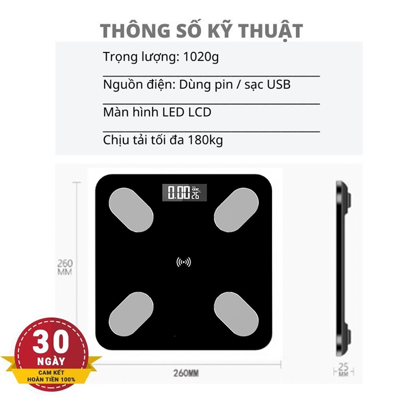 Cân điện tử sức khỏe thông minh kết nối bluetooth Đo Chỉ Số Sức Khỏe Kiểm Soát Ăn Uống,kết nối điện thoại giao diện